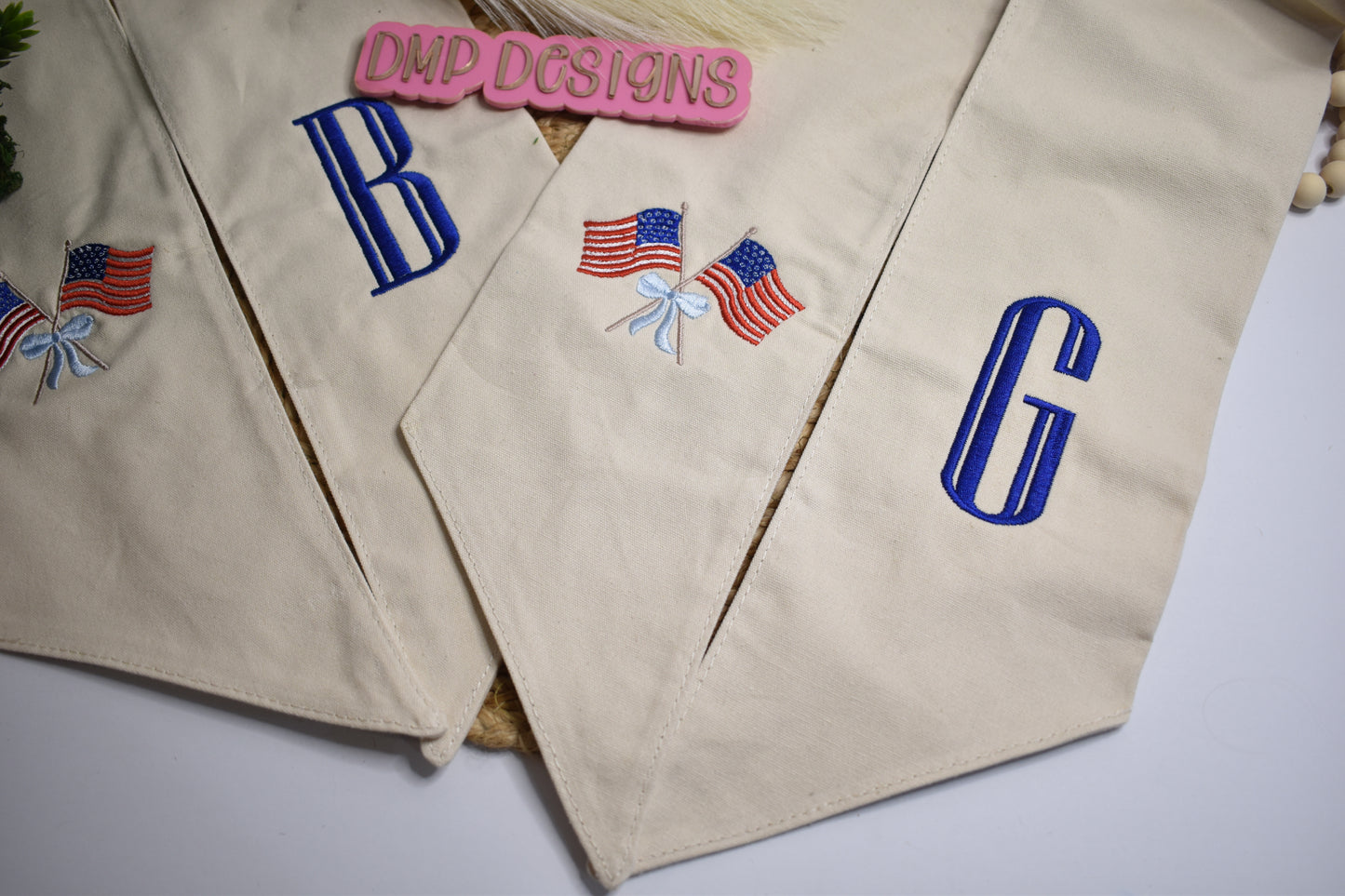 Embroidered American Flags Wreath Sash, Personalized Initial, Patriotic Decor