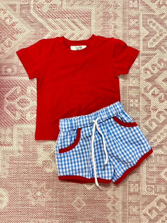 Boys Red Knit w/Woven Blue Shorts