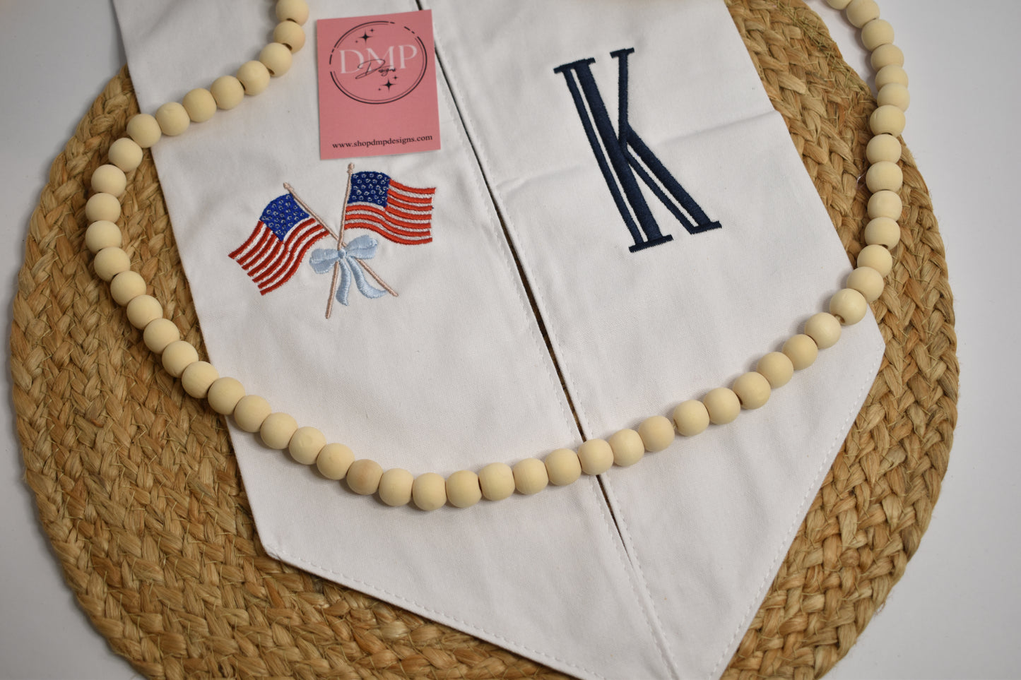 Embroidered American Flags Wreath Sash, Personalized Initial, Patriotic Decor
