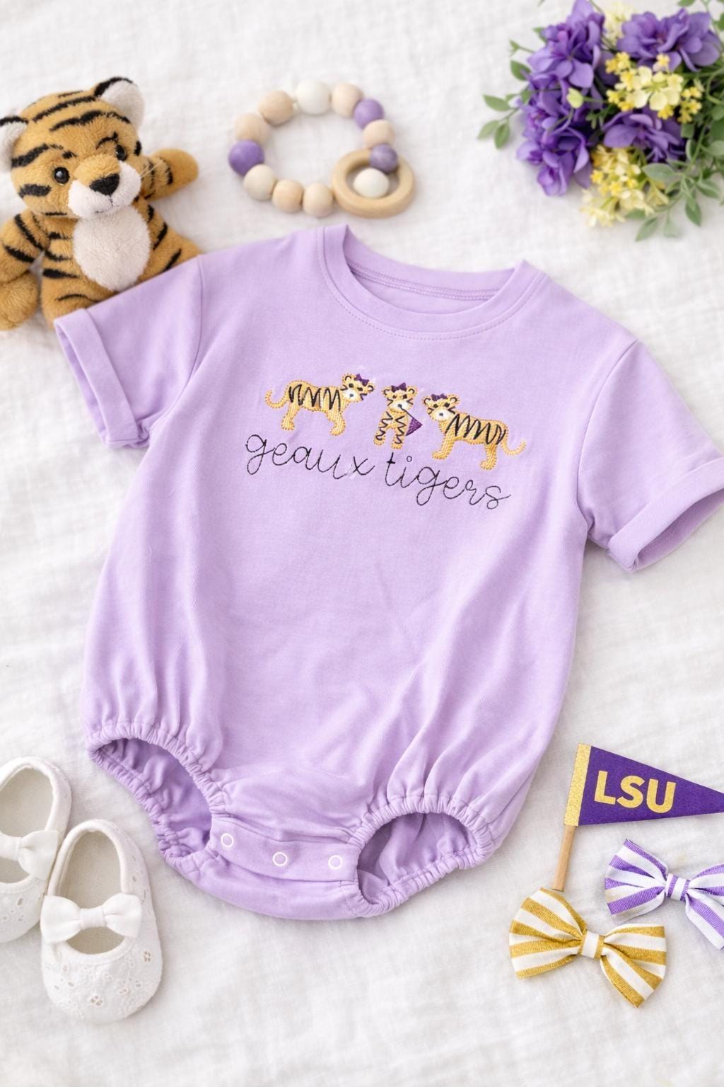 Geaux Tigers Baby Romper, Embroidered Tiger Bubble Romper, Purple Baby Outfit, Game Day Baby Clothes, Southern Baby Girl Romper