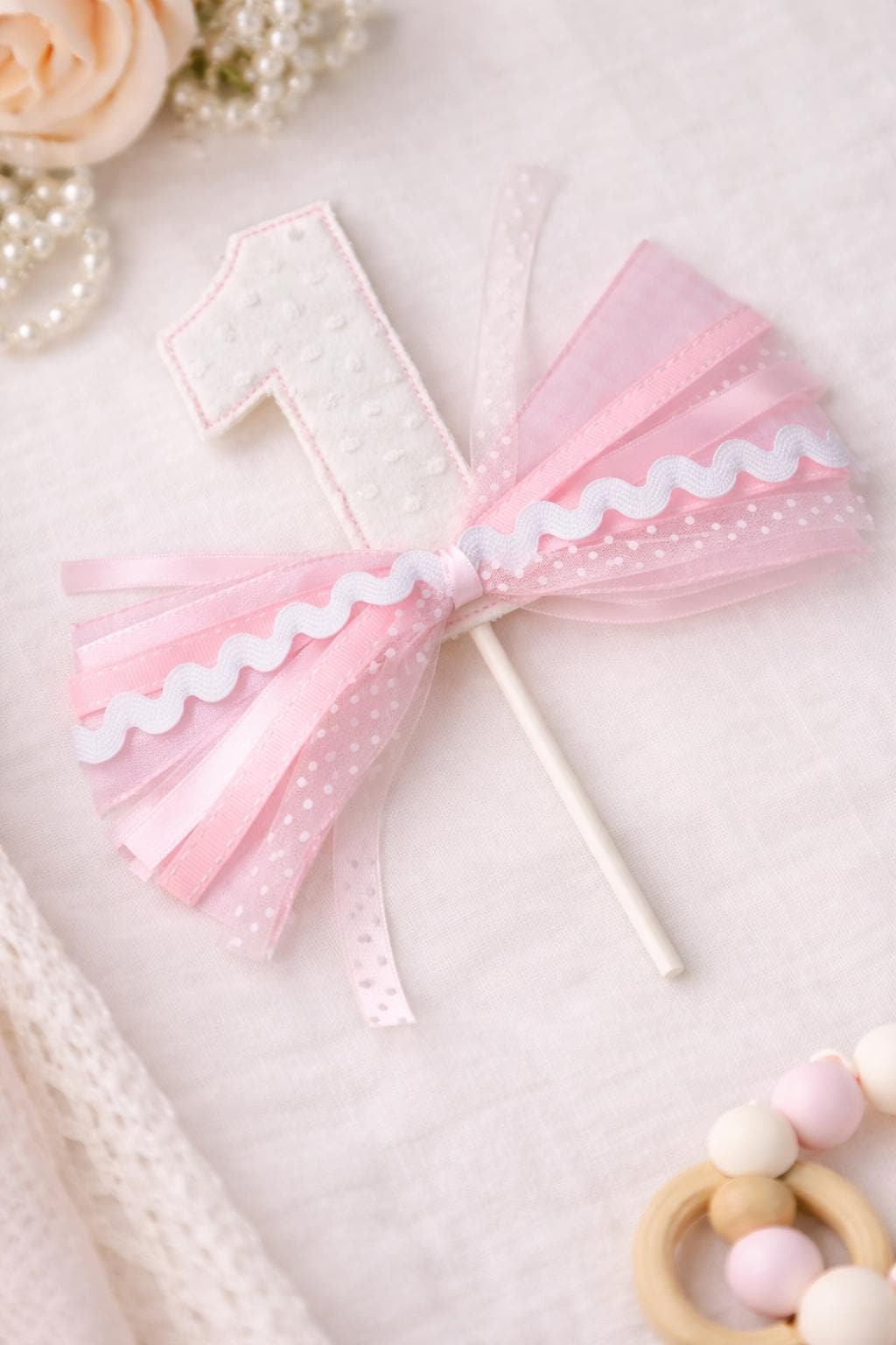Handmade Pink Bow Number 1 Cake Topper, First Birthday