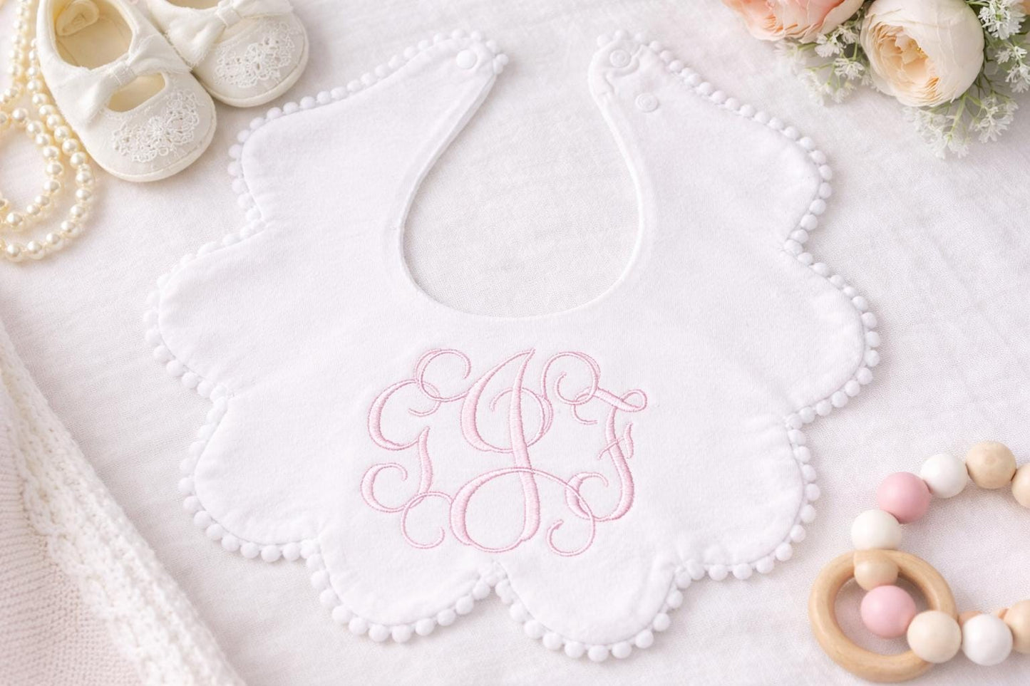 Monogrammed Heirloom Baby Bib, White Scalloped Pom Pom Trim