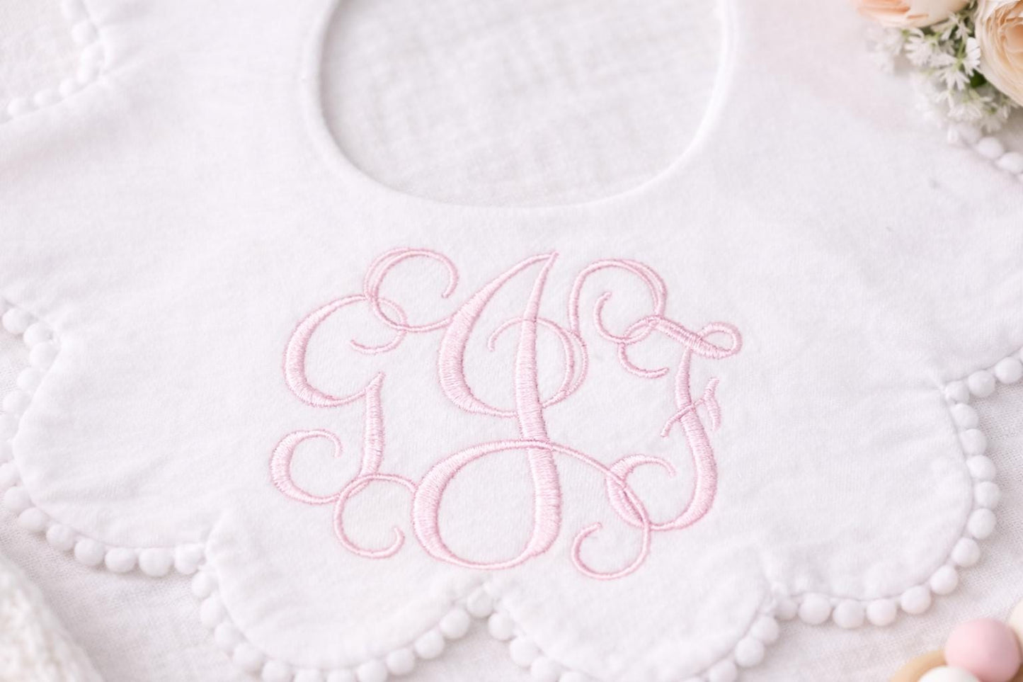 Monogrammed Heirloom Baby Bib, White Scalloped Pom Pom Trim